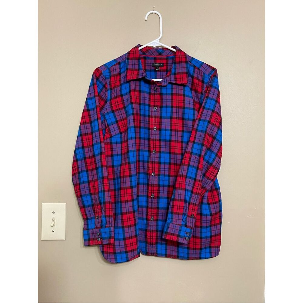 Talbots Women’s Red, Purple, and Blue Plaid Button Down Blouse Petite Large
